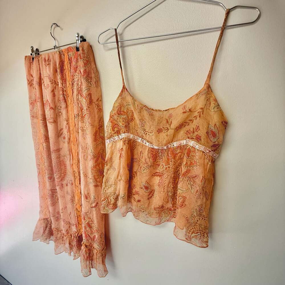 Euro 100% Silk Paisley Beaded Cami and Maxi Skirt Set